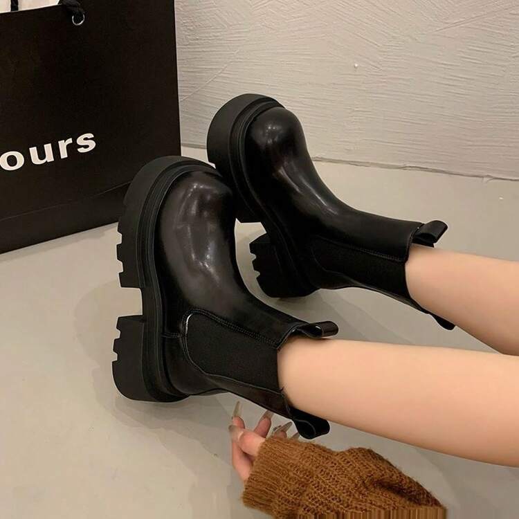 レディース 秋冬新モデル インソール付き厚底マーチンブーツ 小柄サイズ向けイギリス風チューブブーツ フリース裏チェルシーショートブーツ，ショートブーツ，shoes for women，ハロウィン - 黒のシングルライニング - 見る 4