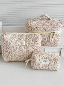 1 Stück/Set Cord-Samt Rosa Blume Muster Multifunktionale Kosmetik Organizer Geldbörse Tasche Tragbare Kosmetik Pinsel Aufbewahrung Clutch mit Reißverschluss für Lippenstift, Pinsel, Hautpflege, Handy, Münzen, Kleinteile, für Zuhause, Uni-Essentials, Reiseaccessoires, Urlaubsreise, Damen Kosmetiktasche, Kosmetik Organizer