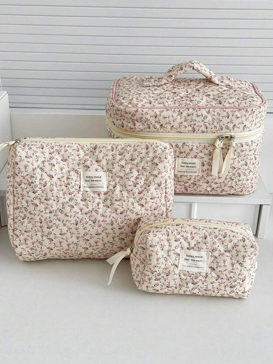1 Stück/Set Cord-Samt Rosa Blume Muster Multifunktionale Kosmetik Organizer Geldbörse Tasche Tragbare Kosmetik Pinsel Aufbewahrung Clutch mit Reißverschluss für Lippenstift, Pinsel, Hautpflege, Handy, Münzen, Kleinteile, für Zuhause, Uni-Essentials, Reiseaccessoires, Urlaubsreise, Damen Kosmetiktasche, Kosmetik Organizer