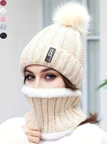 Set de 2 piezas de gorro de boina de invierno para mujer y bufanda con forro polar y pompón - Transpirable, elástico, cierre con cremallera, lavar a mano, ideal para Navidad y otoño