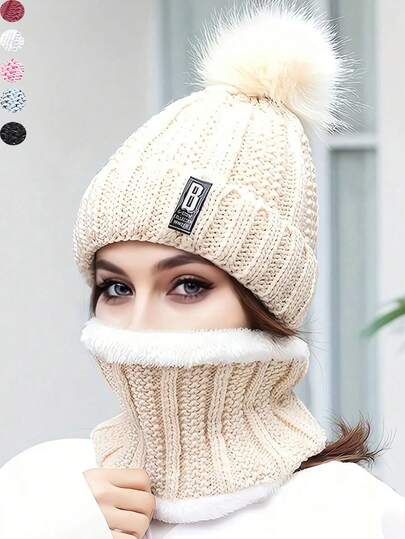 女士冬季贝雷帽和带绒球保暖内衬围脖两件套 - 透气、弹力、拉链闭合，仅限手洗，是圣诞节、秋季和情人节的理想礼物