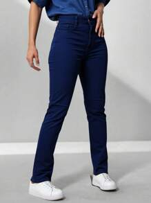 Pantalon Gabardina Dama Jr Tiro Alto Color Caqui Negro Marino Corte Slim - Azul Marino - Ver 3