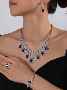 4-Piece European & American Style Bridal Jewelry Set: Blue Zirconia Necklace, Earrings, Ring, And Bracelet, Suitable For Dubai Wedding Dress, Middle Eastern Arabic Formal Gown, Valentine's Day Gift