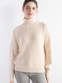 Damen Merino Wolle Blend Pullover 2025 Herbst Winter Rollkragen Loose Fit Langarm Strick Pullover