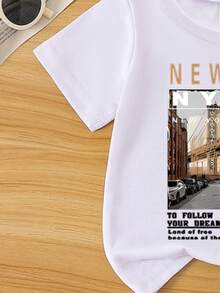 2pcs Baby Boy/Girl Casual Letter & Graphic Print Short Sleeve T-Shirt And Denim Effect Print Pants Set, Comfortable & Lightweight For Summer - White - View 5