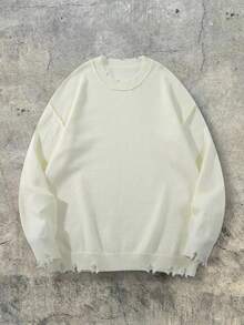 ANDREILEE 秋冬新款男女通用破洞流苏休闲宽松美式针织套头毛衣，长袖 - 杏色 - 查看 2