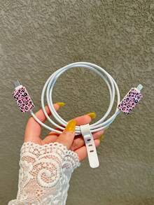 4-Piece Leopard Print Charger & Data Cable Protective Case Set, Compatible With IPhone 11/12/13/14/15/16 Pro Max - Pink - View 4