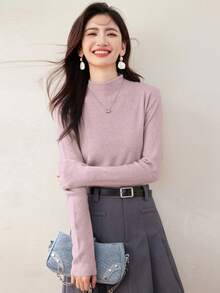 Women's Turtleneck Sweater, Loose Knit Top, Slouchy, Autumn/Winter - Baby Pink - View 6