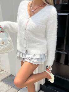 Áo khoác cardigan nữ màu trơn thanh lịch kiểu retro lãng mạn, tay dài, cài cúc, cổ lông giả, cổ chữ V, thích hợp cho tiệc trà, đi học, dự tiệc, hẹn hò, mặc hàng ngày, du lịch, đầu xuân, mọi mùa. Màu trắng. - trắng - Xem 2