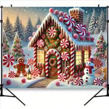 2D Charming Gingerbread House Christmas Photography Backdrop - Includes Candy Canes, Snowman And Lollipops - Suitable For Holiday Shooting And Holiday Decoration, Best Choice For Christmas