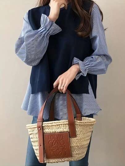 Women's Tops, Korean/Japanese Style, Plus Size, Fall/Winter Hot Item, Two-Piece Set With Knit Vest And Long Sleeve Shirt - Layered Outfit For Every Season