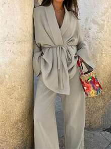 Women's Fashion Drawstring Waist Long Sleeve Cardigan Shirt & Wide Leg Pants Set, Solid Color Casual Summer Outfit Spring - Apricot - View 6