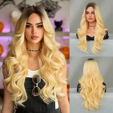 24 Inch Long Wavy Golden Ombre Wig For Women Heat Resistant Fiber Middle Part Hairpiece Dark Roots,Natural Synthetic Full Machine Hair Wigs For Daily Music Festival Party Wear, Cosplay Halloween & Street Photography Use - 漸變金色 - 查看 11