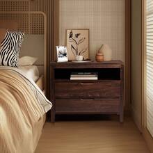 Drawer Cabinet, Side Table, Bedside Table, Storage Table, Brown P2 Density Board + Solid Wood Veneer Frame 75*40*61CM Two Drawers With Upper Compartment Bedside Table Mid-Century Modern - 棕色 - 查看 7