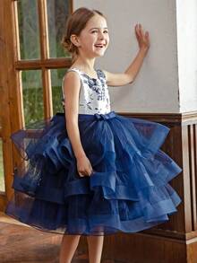 Young Girl Navy Blue 3D Bow Sleeveless Tulle Elegant Party Dress, Princess Dress, Suitable For Girls Birthday Party, Banquet, Prom, Wedding, Flower Girl Dress, Ramadan Holiday Outfit - Navy Blue - View 6