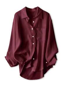 Women's Casual Loose Long Sleeve Shirt, Spring/Autumn - Burgundy - View 3