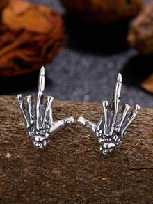 1 Pair S925 Gothic Series Skeleton Finger Shaped Silver Stud Earrings, Suitable For Halloween/Party/Gathering, Halloween Gift For Lover, Family, Friends, Women's Jewelry