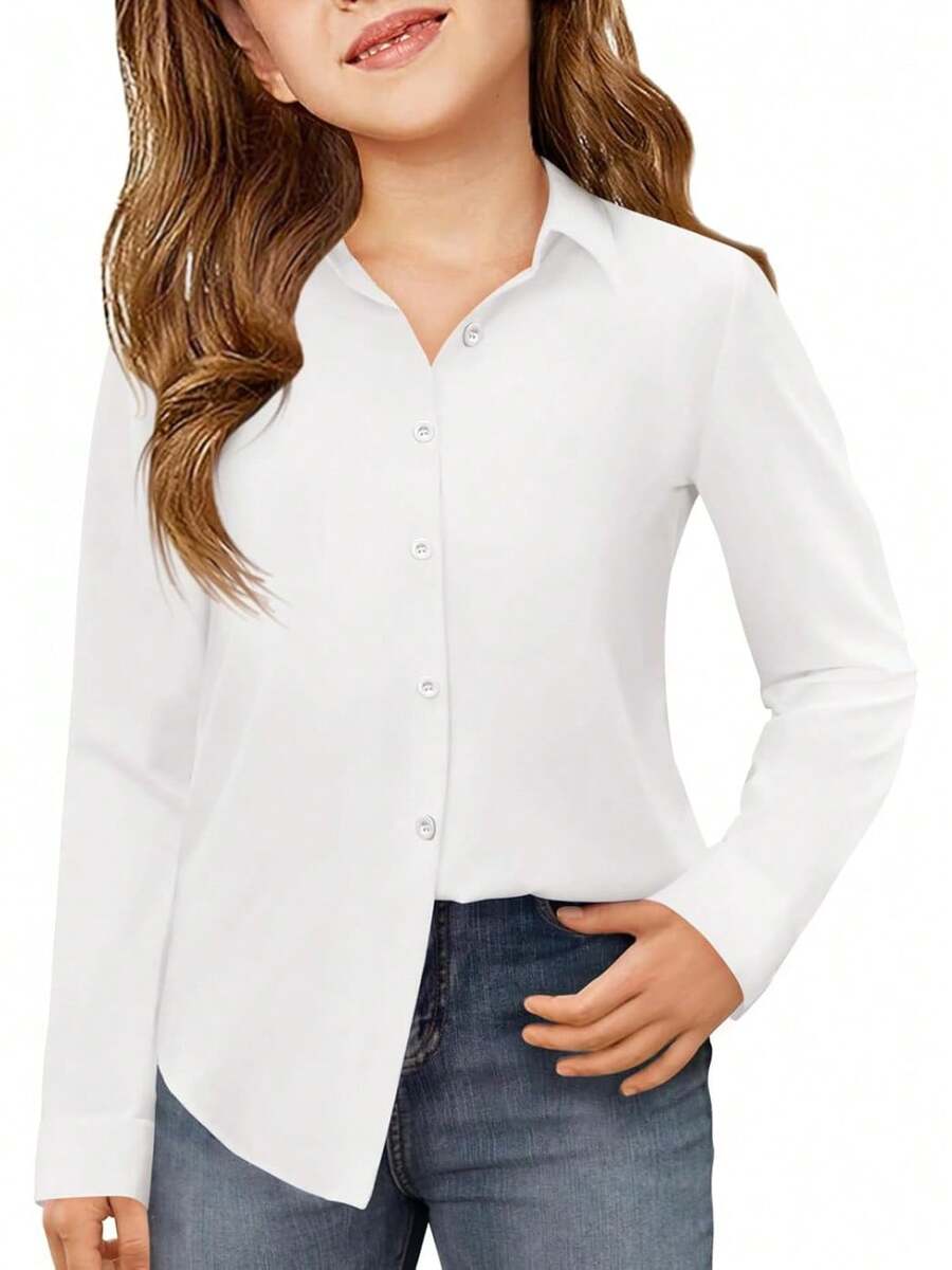 Adolescent Long Sleeve Button Down Shirt - School Uniform Dress Shirt - White - View 1