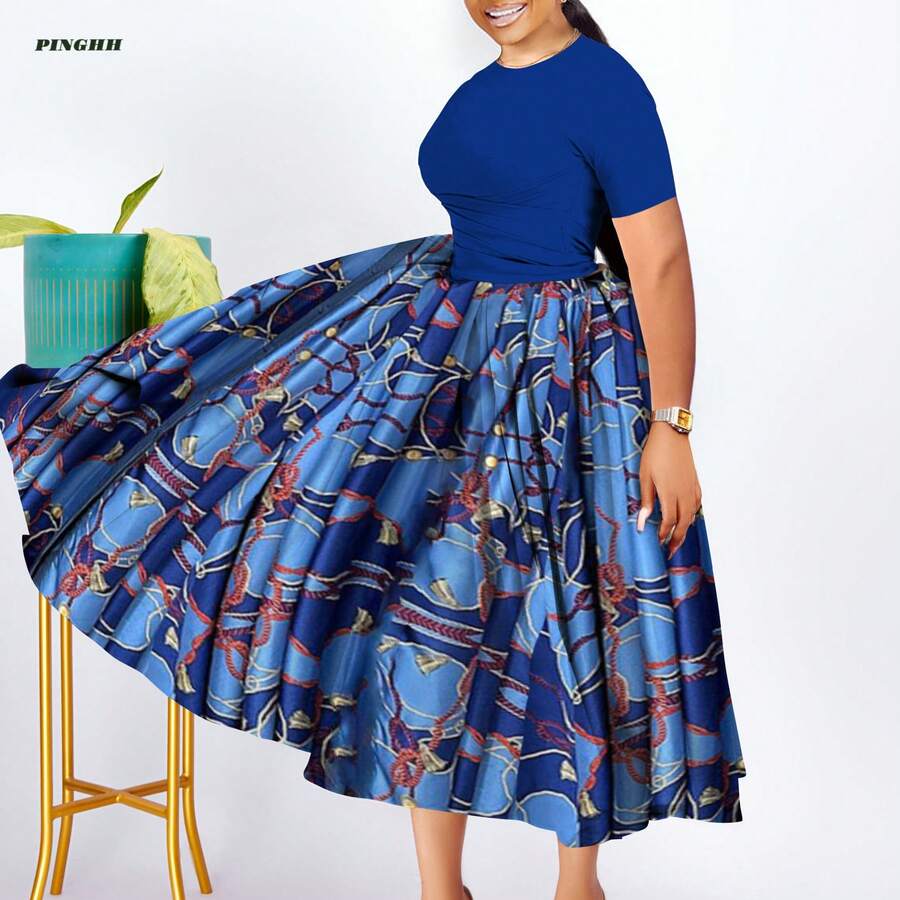 Women African Skirt Printed Ankara Maxi Skirt Dashiki Long Skirts - Màu xanh lam - Xem 1