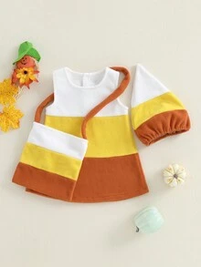 Girls Halloween Costume Set Sleeveless O Neck Striped Dress Hat Shoulder Bag For Party Cosplay