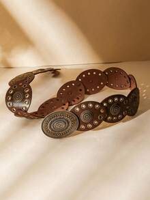 1pc BOHO Punk Style Vintage Mesh Oval Women's Belt, Suitable For Jeans/Dresses, Everyday Wear And Vacation, Plus Size - 棕色 - 查看 2