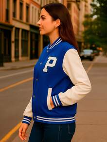 Chaqueta Casual Estilo Universitario para Mujer – Varsity - Azul rey - Ver 3