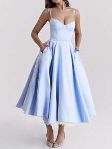 Elegant Off-Shoulder Princess Gown For Women - Light Blue Double-Layer Tulle Skirt, Ruffled Sleeves, A-Line Silhouette, Perfect For Spring/Summer Weddings And Formal Events, Princess Dresses For Bride, Wedding Guest Attire, Sophisticated Craftsmanship - Light Blue - 查看 5