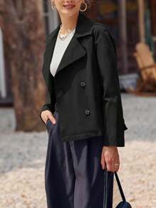 1pc Women's Solid Color Woven Fabric Front Button Regular Jacket, Suitable For Everyday Wear In Autumn - Black - View 5