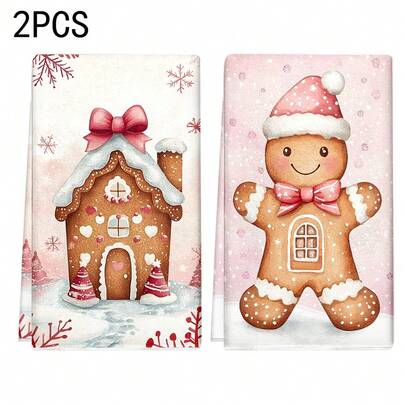 1set/2pcs/100pcs Gingerbread House With Snowflakes And Hearts Pattern Kitchen Towels And Dishcloths, Suitable For Interior Decoration In Restaurants, Kitchens And Bathrooms, Party Decoration, Festival Gifts, As A Gift