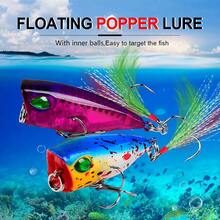 6 verschiedene Farben Popper Angelköder, harte Kunststoff Köder mit Federn und biologischen Ködern, geeignet für Outdoor Angeln