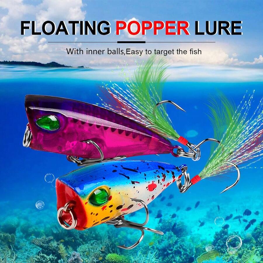 6 verschiedene Farben Popper Angelköder, harte Kunststoff Köder mit Federn und biologischen Ködern, geeignet für Outdoor Angeln