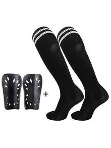 Kids Football Socks + Shin Guard Set, 7-12 Years Old Children Striped Sports Football Socks, Anti-Collision Football Shin Pads