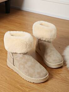 女士风格雪地靴，纯色毛领装饰，保暖内衬，短筒，保暖雪地靴，时尚平底，毛绒内衬，冬靴，黑色，卡其色，防滑，舒适雪地靴 - 卡其色 - 查看 7
