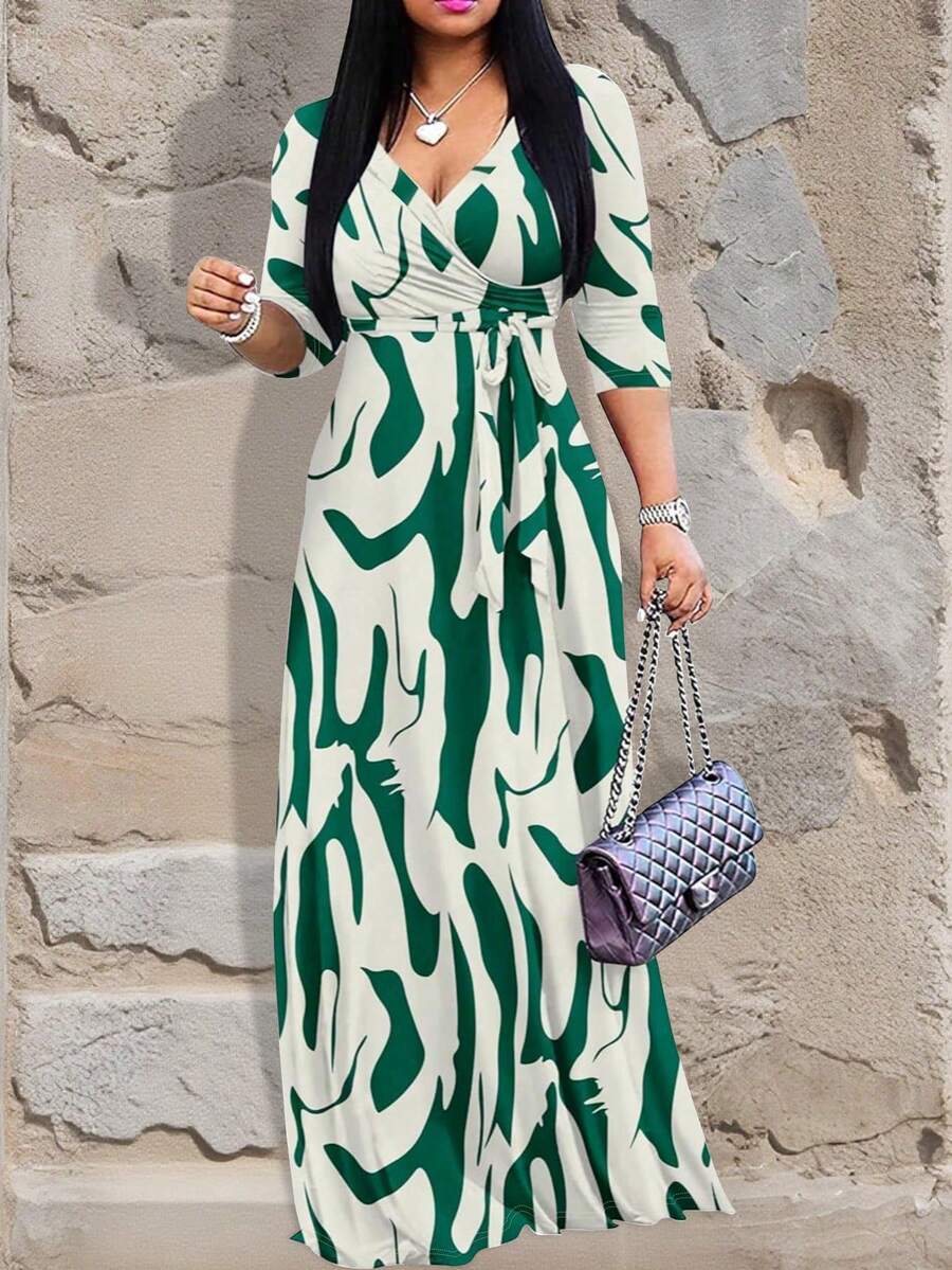 Deep V-Neck Elegant Short Sleeve Dress, Women Summer Clothing - Green - View 1