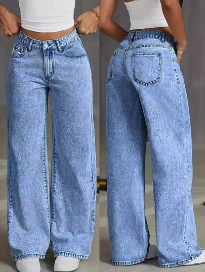 Jeans rectos con bolsillo y botones al frente, para uso diario de niñas adolescentes