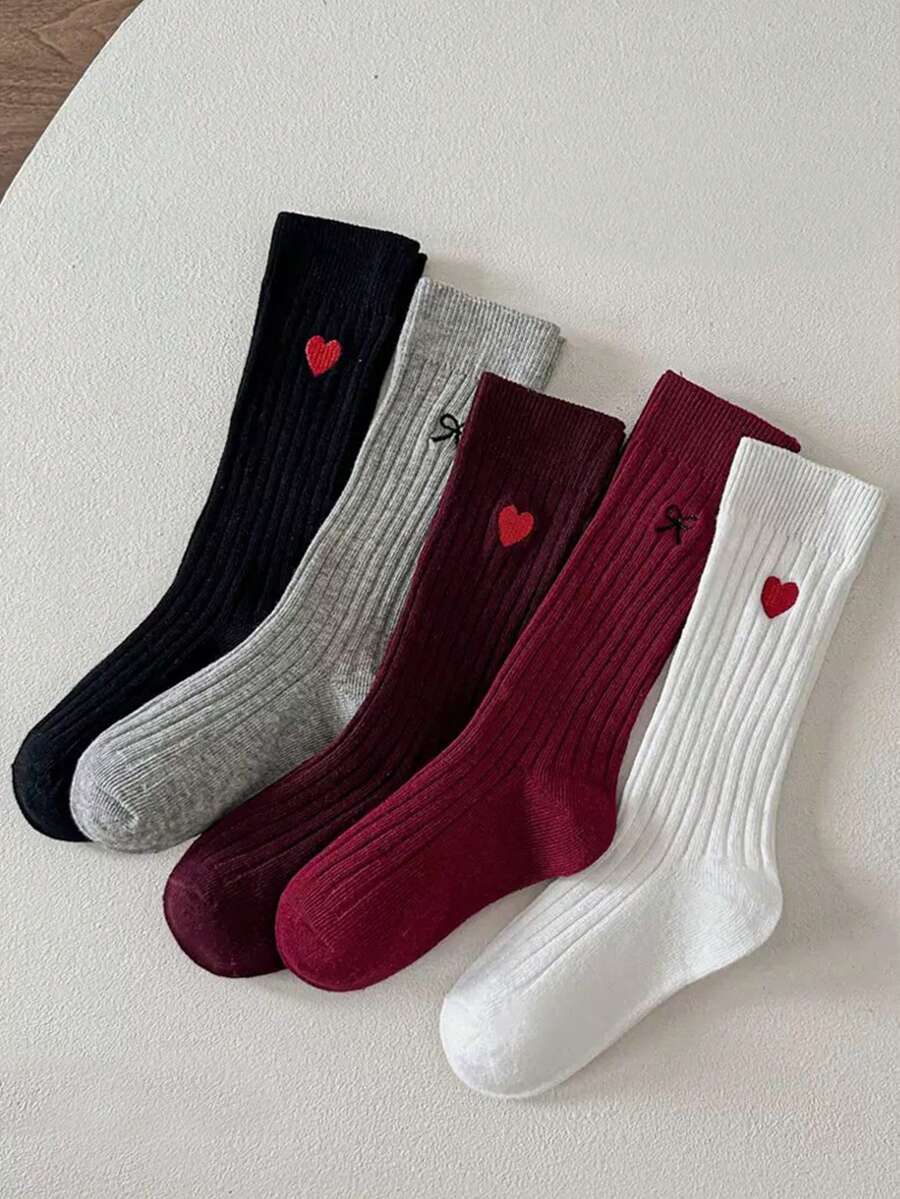 5 双儿童秋冬心形蝴蝶结及膝袜，时尚长袜搭配裙子 - 彩色 - 查看 1