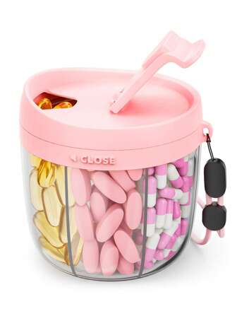 1pc/Cute Pill Dispenser With 7 Large Compartments, Portable Pill Bottle Organizer With Wide Opening For Easy Use, Anti-Mix Pill Organizer For Travel, Pill Container, Pink