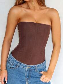 Women Y2k Strapless Bustier Corset Tie Back Mesh Boned Bodyshaper Tube Top Going Out Bustier Tops - Cà phê nâu - Xem 3