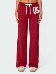 Women Y2K Number Printed Sweatpants Drawstring Elastic High Waist Straight Leg Baggy Pants Loose Workout Joggers Casul Trousers - Đỏ - Xem 6
