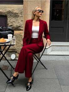 Zalla Blazer And Palazzo Pants Set With Lining And Decorative Button - Burdeos - Ver 5