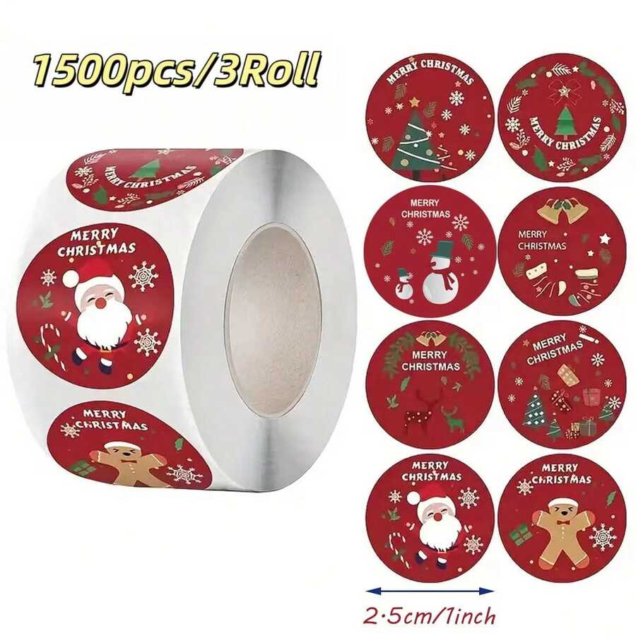 1 Roll Of 3, 1000 Festive Christmas Stickers - Great For DIY Gift Wrapping Baking And Decorating - Various Designs - Sticky Paper - Perfect For Holiday Celebrations - Ideal Gift For Crafters And DIY Enthusiasts - 1Roll/500pcs - 查看 1