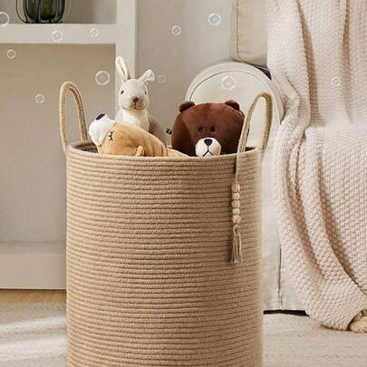 1个手工编织储物篮，配有木珠，全新带提手，编织储物盒，藤编洗衣篮，洗衣篮，可折叠洗衣篮，储物篮，浴室洗衣篮，绳编洗衣篮，客厅/卧室洗衣篮，编织储物篮，波西米亚风格高绳篮，适合存放毯子、玩具、枕头、毛巾和婴儿用品，由黄麻材料制成。