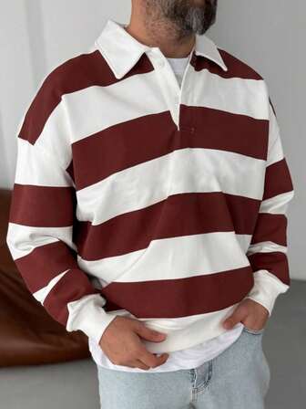 Men's Striped Contrast Color Polo Neck Sweatshirt, Fashionable Personalized Streetwear Half-Zip Pullover, Autumn/Winter
