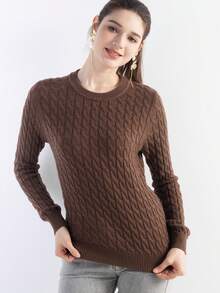 女式美利奴羊毛毛衣 2025 秋冬经典麻花圆领长袖保暖柔软针织套头衫 - 駝色 - 查看 7