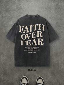 Retro Washed T-Shirt Double Sided Printed (230 Pure Cotton T-Shirt) 'FAITH OVER FEAR'  Letter Print, Mens TShirt, Mens Shirt Casual, Comfortable, Fashionable T-Shirt, Street Style Cotton - 黑色 - 查看 2