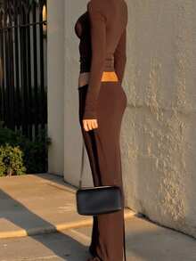 Conjunto de camiseta de manga larga de cuello redondo y falda larga de unicolor, de estilo minimalista francés, elegante, romántico y vintage para vacaciones, de moda casual para mujer