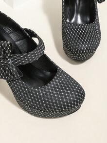 Zapatos de tacón alto con moño negro, bombas de plataforma gruesa impermeables, zapatos de novia - Negro - Ver 6