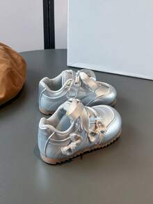 1 Pair Girls' Bow PU Hook And Loop Design Flat Cute Sneakers, Suitable For Spring And Autumn - Silver - View 5