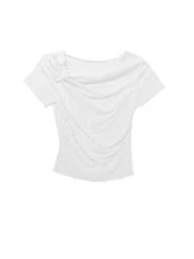 Petite Sweet 褶皱裹身设计不对称短款短袖 T 恤，夏季