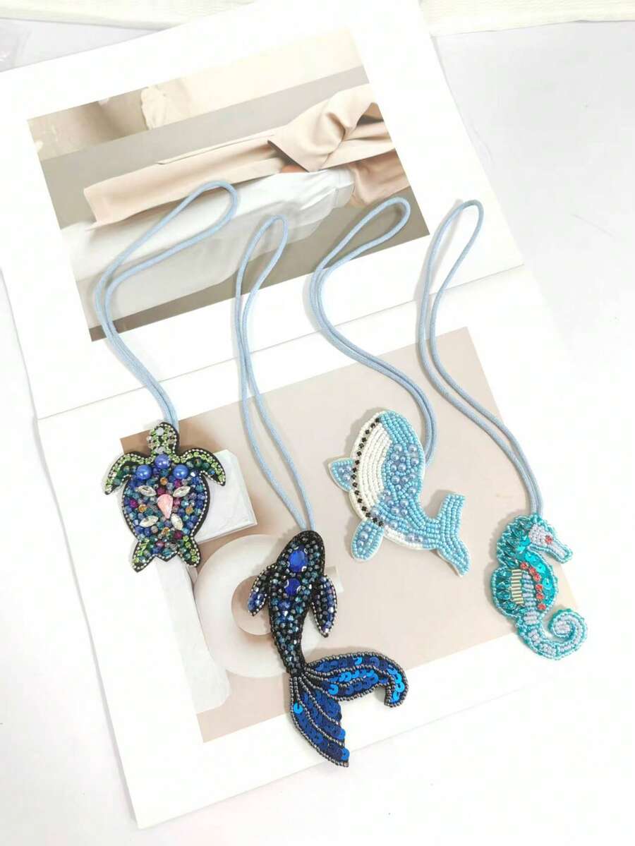 手工串珠装饰吊坠，镶有水钻，可爱的海洋动物图案，如海马、海龟、鲸鱼，可用作钥匙扣、包包饰物 - 彩色 - 查看 1